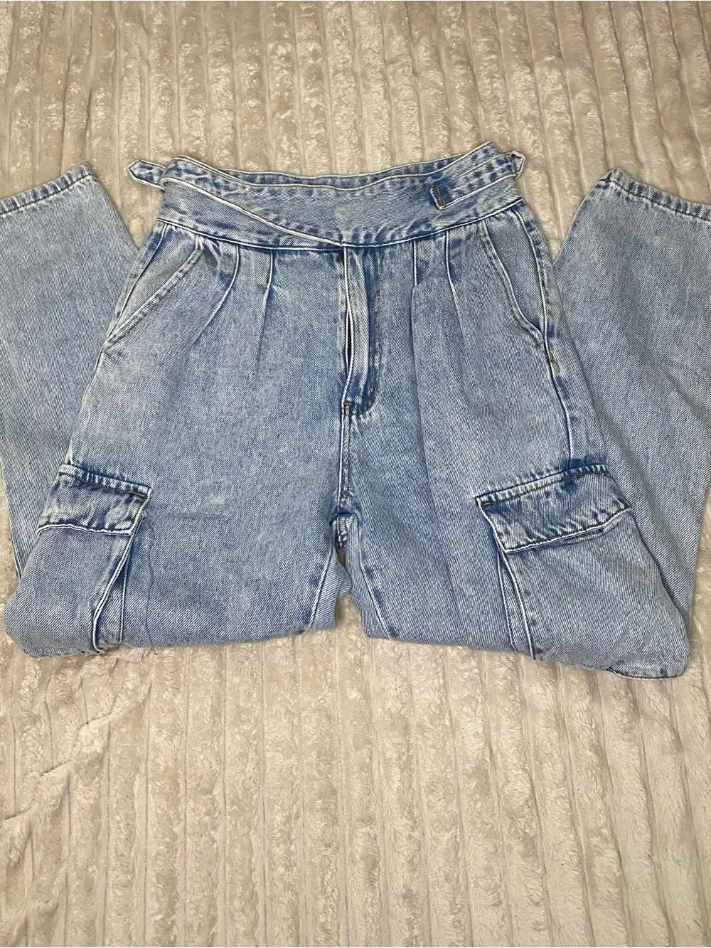 Signature8 Light Blue Denim Cargo Jeans With Adjustable Waist Size S 25
